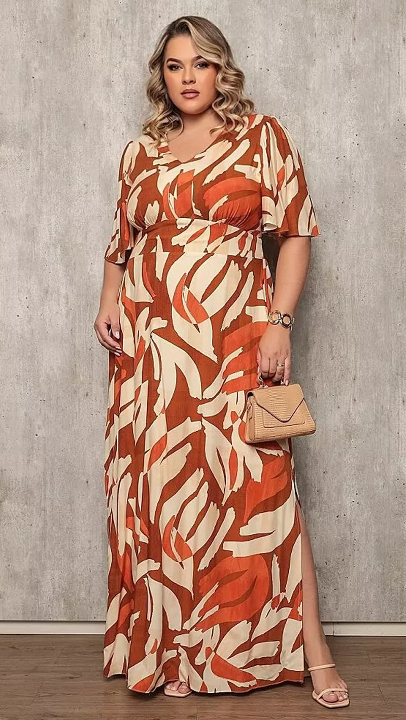 Vestido Plus Size Longo Viscolinho Estampado