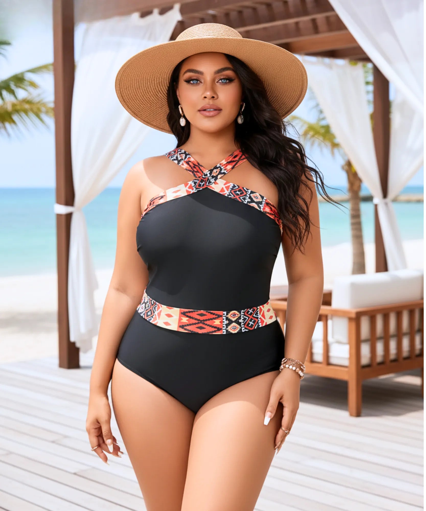 Maiô Plus Size Elegante Preto Modelador Recortes | Mesh