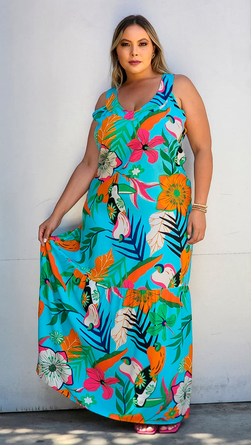 Vestido Estampado Longo Viscose sem Mangas